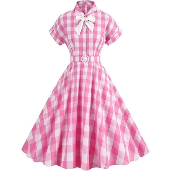 💗 NEW Pinup Retro Rockabilly 1950s Collar Bow Pink Plaid Tea Dress w/Belt XXL - Picture 1 of 16